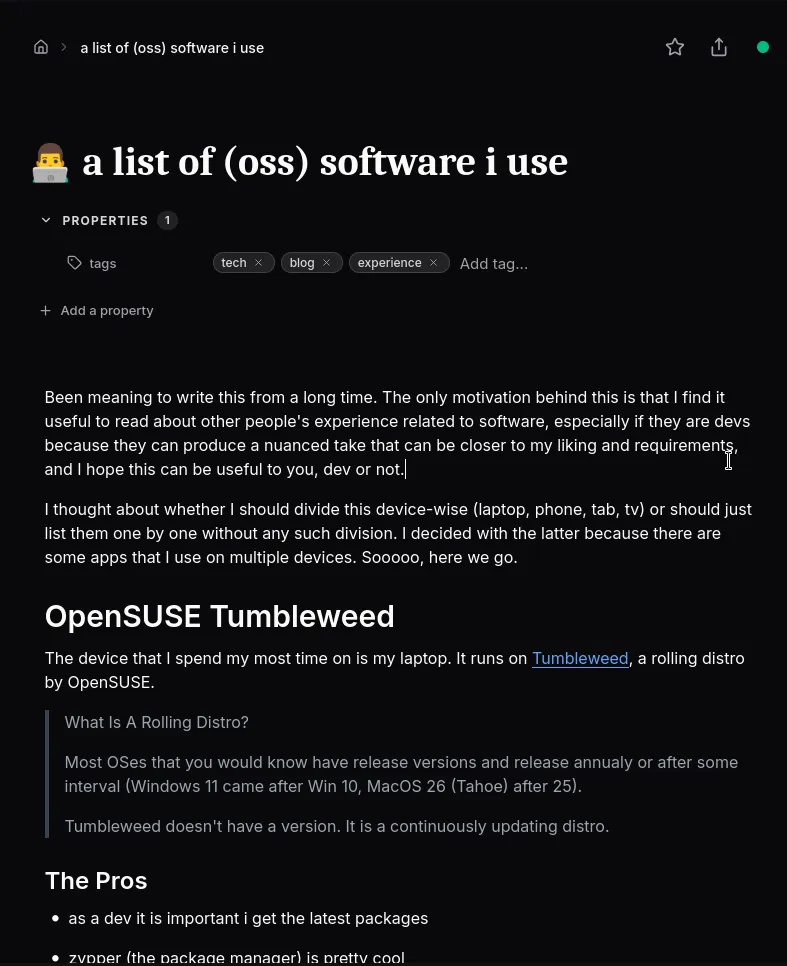 A Markdawn page open in the browser. in dark mode.