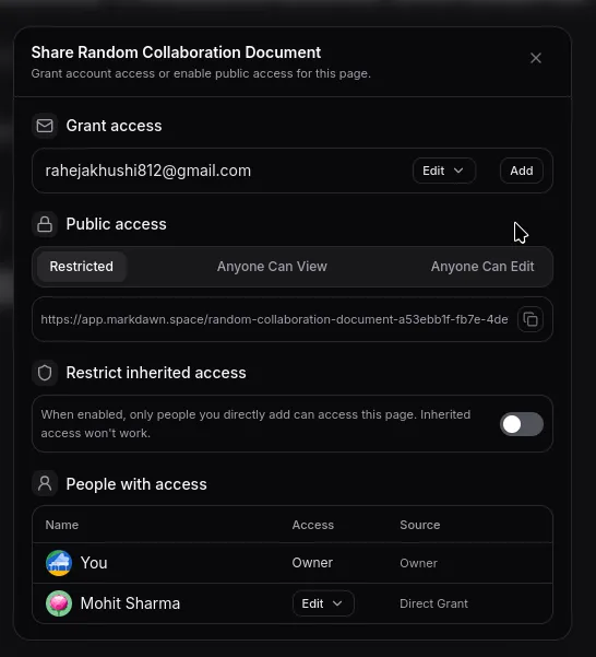 The Markdawn sharing panel for granting and restricting page access. in dark mode.