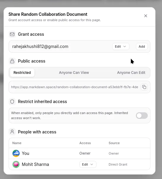 The Markdawn sharing panel for granting and restricting page access.