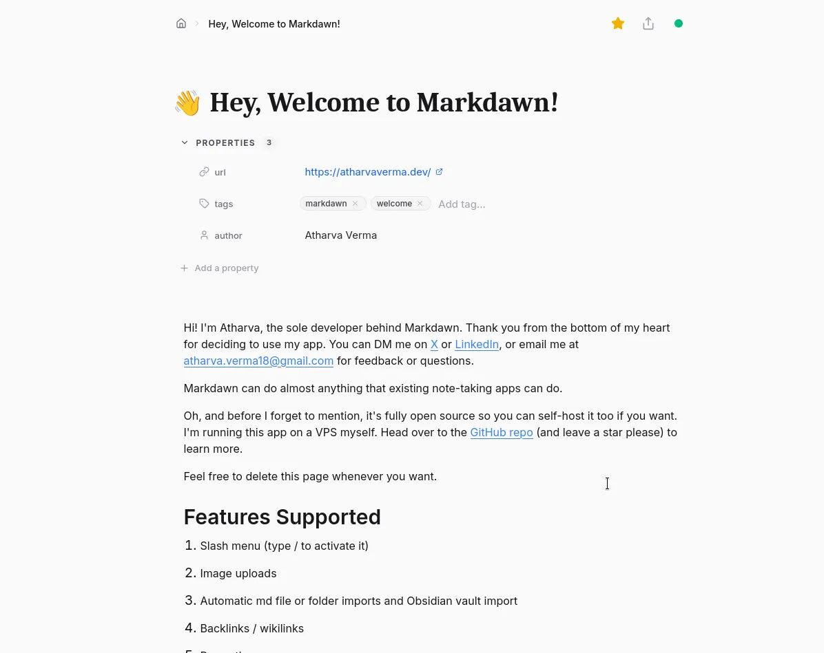 A Markdawn page open in the editor with properties, tags, links, and markdown content.
