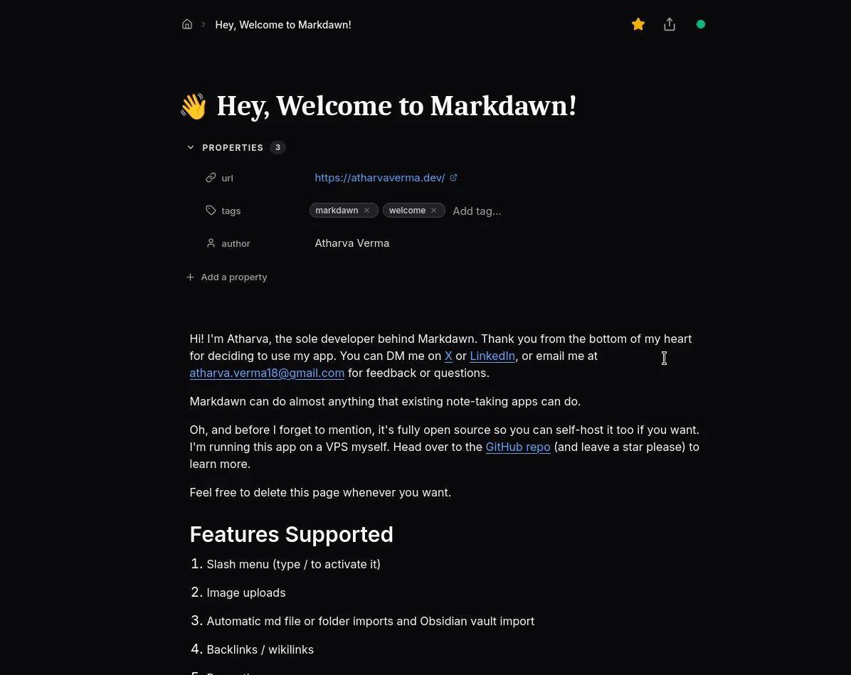 A Markdawn page open in the editor with properties, tags, links, and markdown content in dark mode.