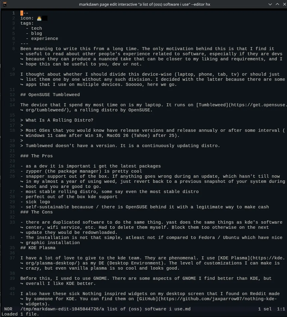 The same Markdawn page being edited from a terminal. in dark mode.