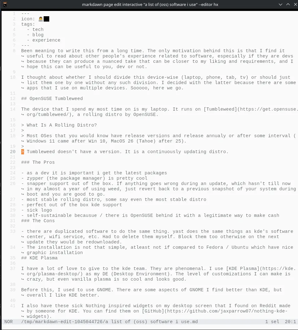 The same Markdawn page being edited from a terminal.