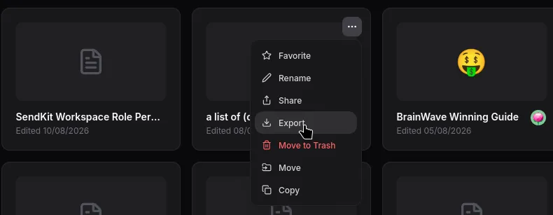 The Markdawn workspace menu with the export option selected. in dark mode.