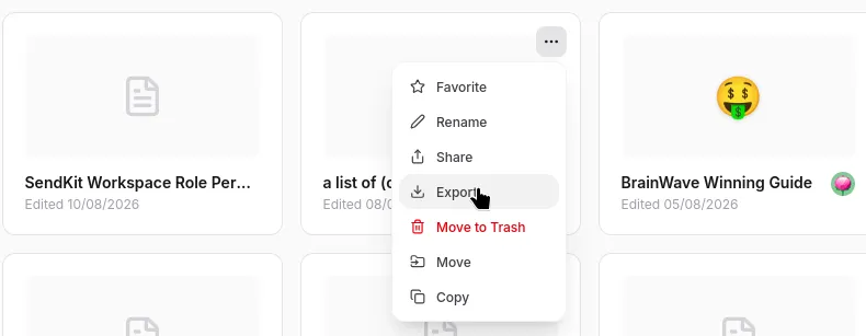 The Markdawn workspace menu with the export option selected.